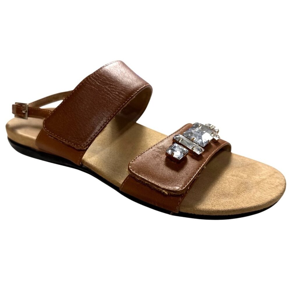 Vionic Dupre Brown Leather Gem-Embellished Flat Sandals Size 8 Adjustable Straps